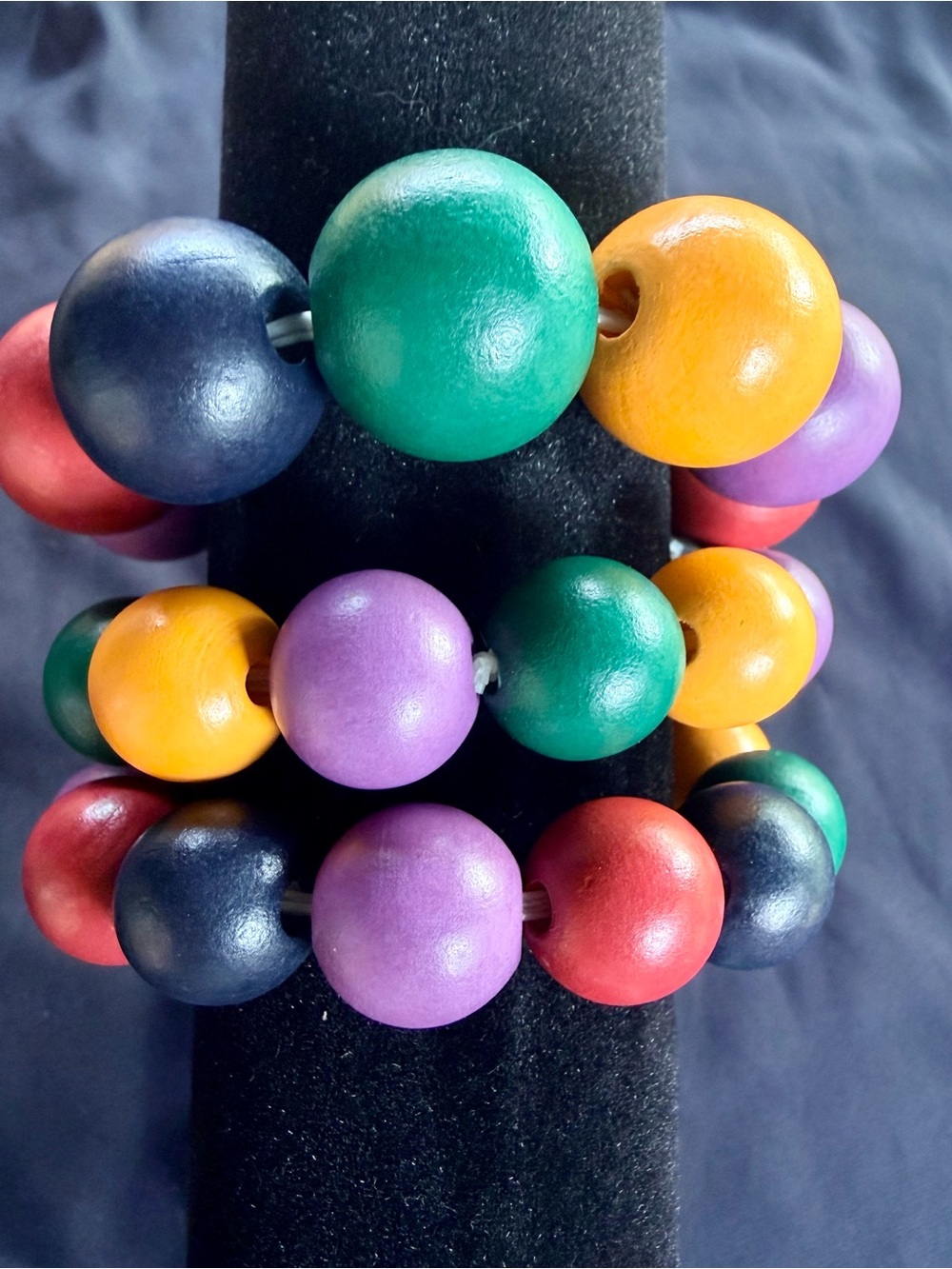 Multicolor Wooden Bead Stretch Bracelet - Vibrant Green, Purple & Yellow